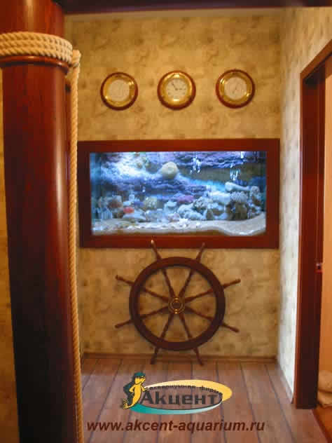 Акцент-аквариум, аквариум встроенный в стену с объёмным фоном